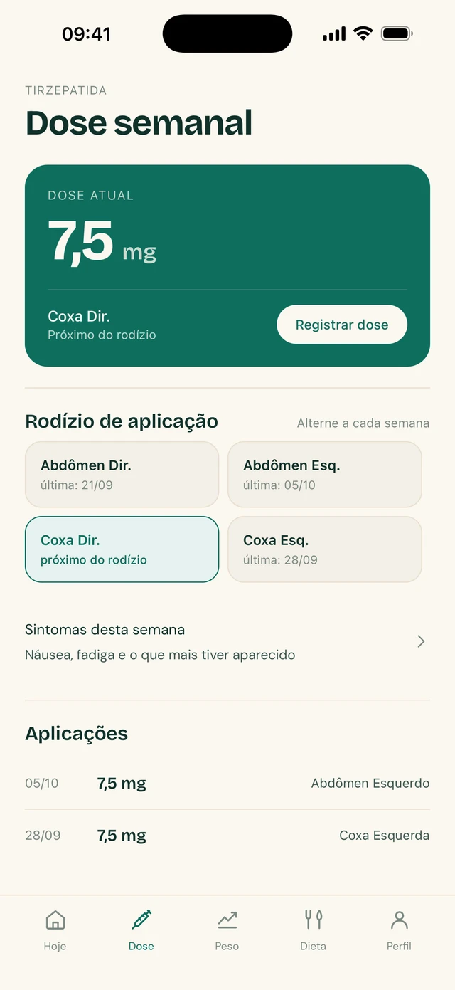 Tela de Dose do TirzeFlow, com a dose atual e o próximo local do rodízio