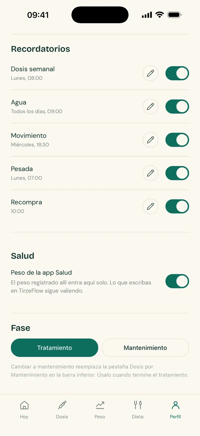 Pantalla de recordatorios de TirzeFlow
