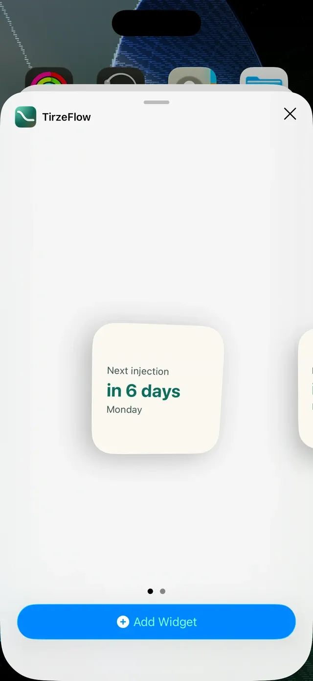 TirzeFlow home screen widget, with the days until the next shot