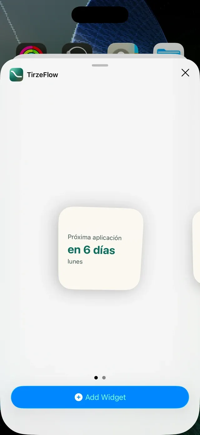 Widget de TirzeFlow en la pantalla de inicio, con los días hasta la próxima aplicación